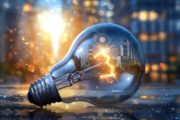 Wall Mural - Illuminated light bulbs and urban architectural backgrounds