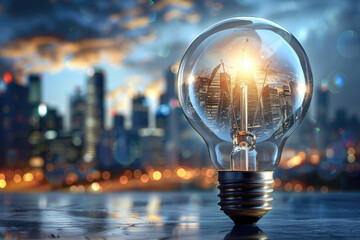 Wall Mural - Illuminated light bulbs and urban architectural backgrounds