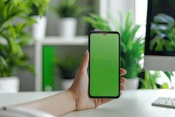 phone in hand with green screen 
