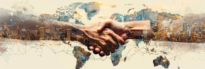 Wall Mural - Strategic partnerships illustrated in double exposure, merging business handshakes with global connectivity and digital maps