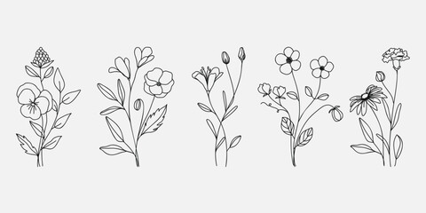 Wall Mural - Hand drawn flower bouquet line element vector. Collection of foliage, leaves branch, wildflower, poppy, daisy, sunflower, eucalyptus. Spring blossom illustration design for logo, wedding, tattoo.