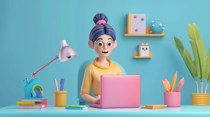 Wall Mural - Young woman Ann, webinar, online conference, online learning, lectures and training in internet. 3d vector people character illustration.