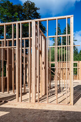 Wall Mural - Wood framing started on new home construction job site, walls of interior room and subfloor, sun and shadows
