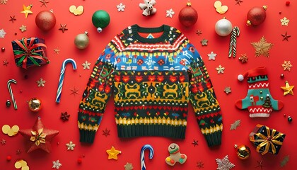 festive national ugly christmas sweater day decorations in vibrant flat lay composition