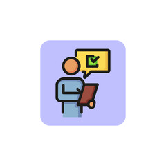 Poster - Man putting down results or answers line icon. Auditor, estimator, client. Survey concept. Vector illustration can be used for topics like business, marketing, service