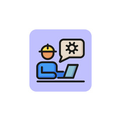 Poster - Workman at laptop with cogwheel sign line icon. Computer repair, SEO optimization, IT support. Engineering concept. Vector illustration can be used for topics like service, technology, construction