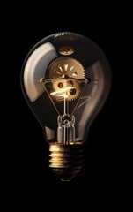 Close-up of an illuminated vintage light bulb with visible gears inside, showcasing steampunk aesthetics and intricate design.