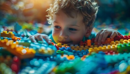 Joyous moment of a kid engrossed in play, creating a world of wonder with vibrant and colorful toys