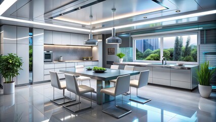 Wall Mural - Futuristic dining kitchen with sleek modern design, futuristic, dining, kitchen, room, concept, futuristic room, modern