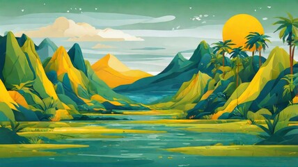 Aufkleber - A Brazilian-themed background with geometric shapes in vibrant green, yellow, and blue