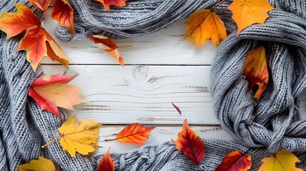 Wall Mural - Autumn composition. Frame made of colorful leaves on white wooden rustic background and elegant gray scarf. Autumn concept. Flat lay, top view, copy space