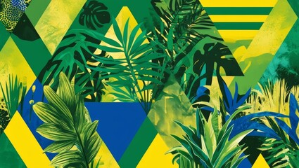 Aufkleber - A Brazilian-themed background with geometric shapes in vibrant green, yellow, and blue