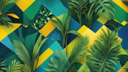 Aufkleber - A Brazilian-themed background with geometric shapes in vibrant green, yellow, and blue