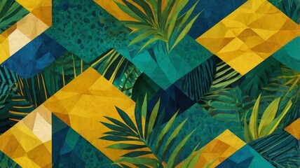 Poster - A Brazilian-themed background with geometric shapes in vibrant green, yellow, and blue