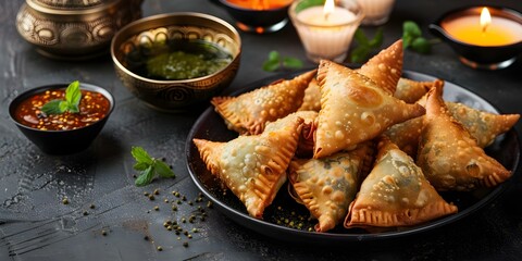 Wall Mural - Colorful plate of Indian samosas with chutney tamarind sauce green tea and candles. Concept Indian Cuisine, Food Photography, Tea Time, Candlelight Ambience, Snack Presentation