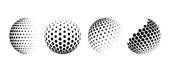 Sticker - Fading halftone pattern sphere set. Hexagon wireframe 3d circle collection. Black grid globe element bundle. Round vanishing shape pack for tech poster, banner, cover, emblem. Vector spinning objects