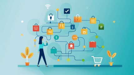 Poster - E-commerce customer journey, tracking purchase path, flat design illustration