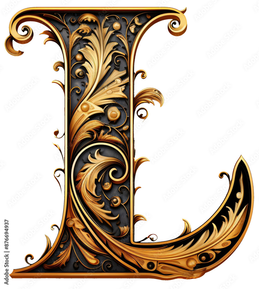 Gothic style font letter L logo with black and gold trimming in floral ...