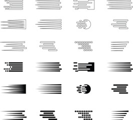 Poster - Speed line, flat icons Set. Fast motion effect. Black horizontal action. Speed action symbols. Superhero signs. Comic elements isolated on transparent background. Speed improvement chart boost power.