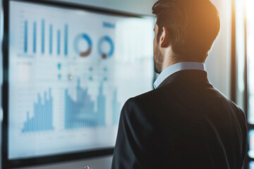 Aufkleber - man in a suit is looking at a large monitor displaying graphs. The graphs show data and trends, and the man is analyzing the information. Concept of focus and concentration