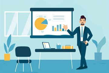 Poster - man in a suit is standing in front of a white board with graphs and charts. he is pointing to the bo