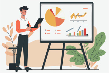 Poster - man stands in front of a white board with a pie chart on it. he is holding a tablet and a cell phone