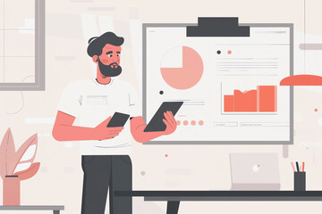 Aufkleber - man stands in front of a white board with a pie chart on it. He is holding a tablet and a cell phone