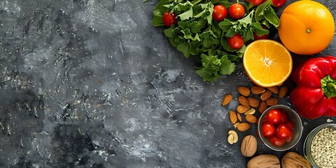 Wall Mural - Flat lay of fresh healthy food including fruits vegetables nuts and greens. Concept Healthy Eating, Fresh Produce, Nutritious Meals, Vibrant Colors, Wellness