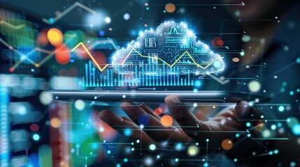 Poster - Hand holding a tablet with a glowing cloud of financial data and graphs