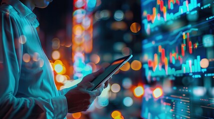 Poster - Businessman analyzing stock market data on digital tablet at night