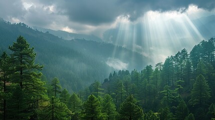 Poster - Misty Mountains and Forests Bathed in Soft Sunlight
