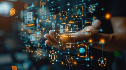 Poster - Hand interacting with a digital interface displaying various technology-related icons