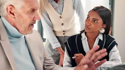 Canvas Print - Discussion, woman and laptop for teamwork on project, report or talking about feedback on work in business meeting. People, training and conversation with mentor, manager and technology in office