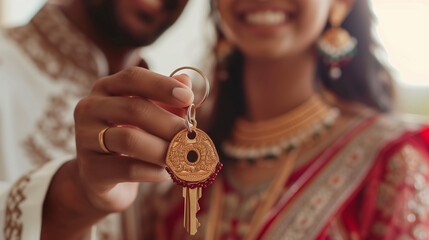 Wall Mural - House key concept image Indian couple buying a house, real estate, family, happiness