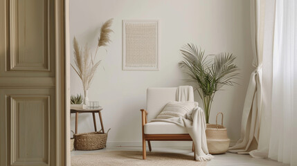 Wall Mural - A cozy living room with a white accent wall, decorated with an armchair and tasteful accessories.