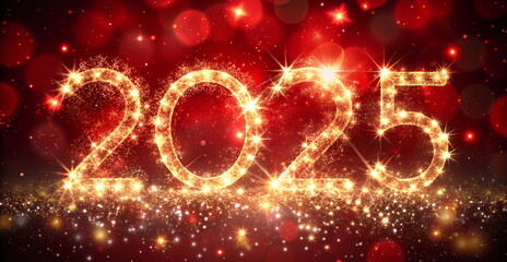 Wall Mural - 2025 number glittering gold light on festive sparkles red background banner. New Year concept.