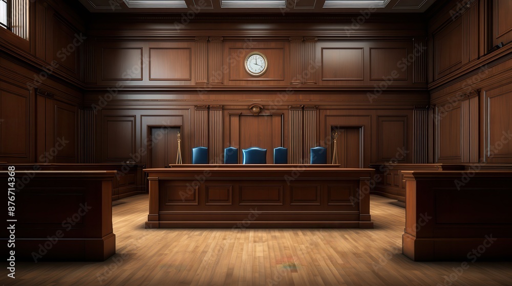 Empty courtroom with a judge's bench and witness stand, symbolizing ...
