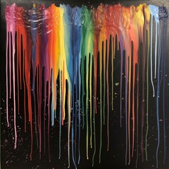 Rainbow-colored paint splashes cascading down the canvas, dripping and blending into a mesmerizing display of hues against a black backdrop