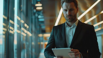 Wall Mural - Handsome businessman using his tablet in the office. copy space for text. Image of man holding tablet.