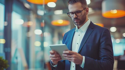 Poster - handsome businessman using his tablet in the office. copy space for text. image of man holding table