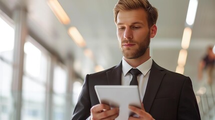 Wall Mural - Handsome businessman using his tablet in the office. copy space for text. Image of man holding tablet.