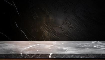 Wall Mural - empty grey marble tabletop with dark black cement stone background for product displayed in rustic mood and tone. luxury background for product stand with empty copy space for party, promotion.