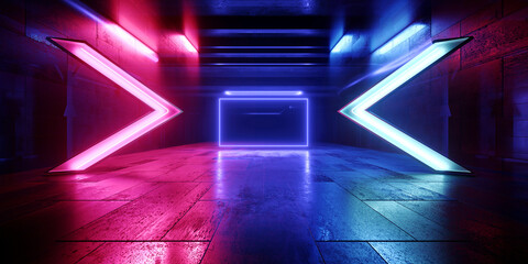 Wall Mural - Cyber Futuristic Stage Neon Arrow Lights Commercial Backdrop Background Grunge Concrete Glossy VIbrant Empty Space Tunnel Corridor 3D Rendering