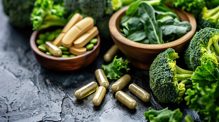 vitamin k pills displayed with leafy greens and broccoli, perfect for health food product advertisin