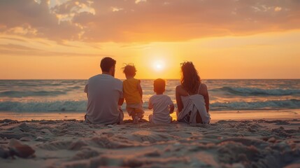 A warm family gathering on the beach at sunset, children playing in the sand, parents sitting together and watching the sunset, the sky painted with orange and pink hues