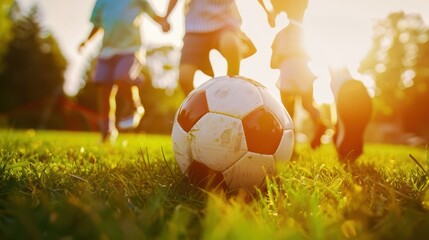 A close-up view of a family playing a game of soccer, children kicking the ball with excitement, parents cheering and participating, bright light reflecting off the grass