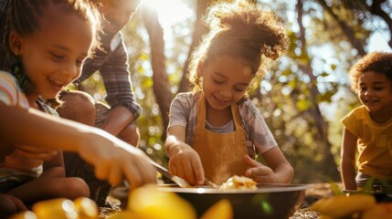 A close-up view of a family preparing food at a campsite, children mixing ingredients in a bowl, parents smiling and organizing the cooking area, sunlight filtering through the tre