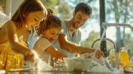 A close-up view of a family washing dishes in a bright kitchen, children happily rinsing utensils, parents enjoying the activity, the clear sky and surrounding nature visible throu