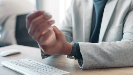 Poster - Office, keyboard and hand of businessman with pain for joint problem, work injury and ache in wrist. Corporate, actuary and person with tension in nerve for carpal tunnel, burnout and typing fatigue