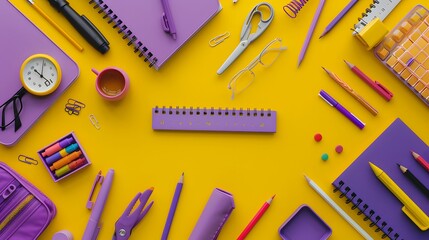 Back to school concept. Purple school supplies on yellow paper background. Flat lay, top view, copy space